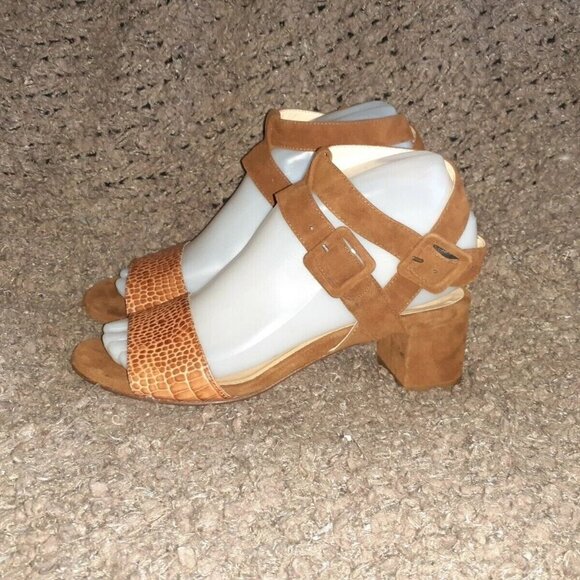 MARVIN K. Chestnut Suede/Croc Print Leather-Double Ankle Strap-Sz 6.5-Excellent - Picture 2 of 6
